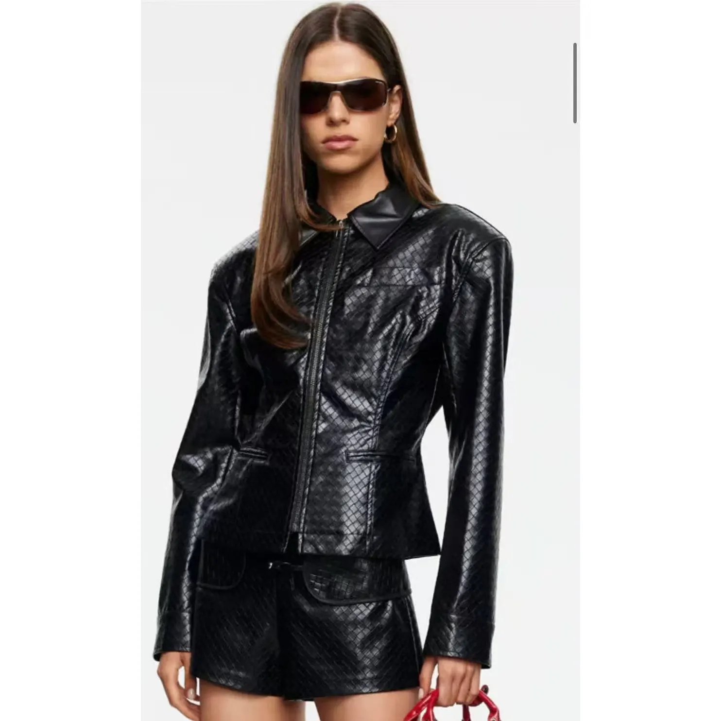 Pure Color Pleated Pants Commuter Style Drapey ZR Wind Women's Fashion Short Synthetic Leather Coat Autumn Season No Brand