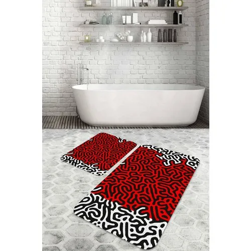 Bouquet Home 2'li Red White Coral Suit Bath Mats and Toilet Seat Pad