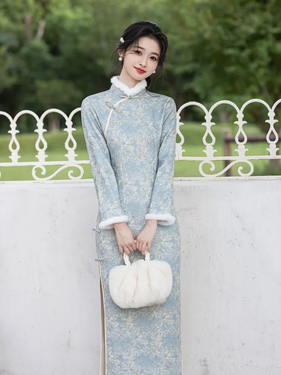 New Chinese Style Improved Daily Cheongsam, With Added Velvet And Thickened Temperament Dress, Women\'s Winter Long Sleeved