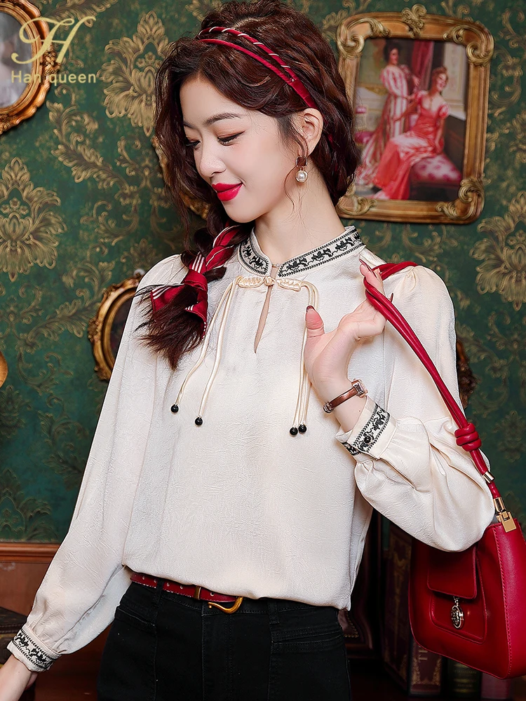 H Han Queen New Arrival 2024 Women\'s Elegant Blouse Vintage Casual Tops Chiffon Blouse Loose Long Sleeve Shirts Spring Simple