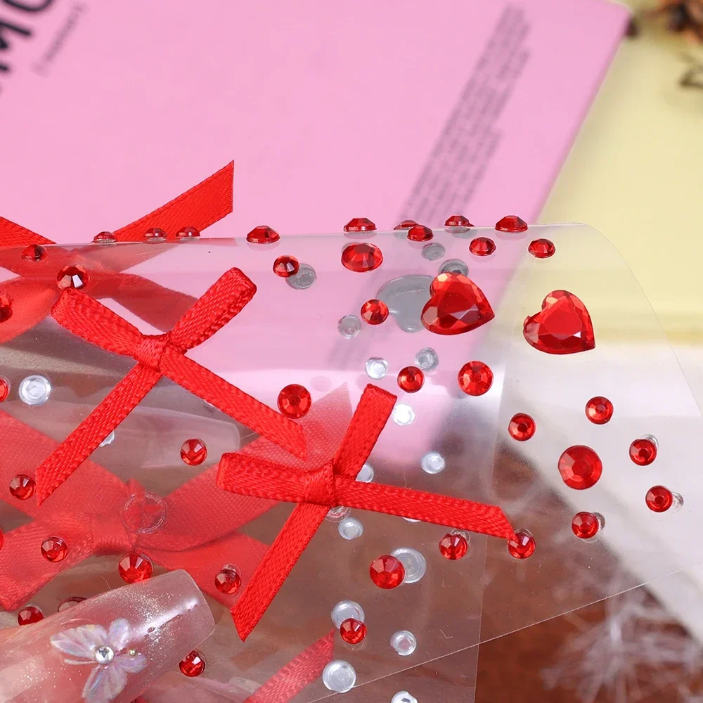Red Pink Bow Ribbon Acrylic Rhinestone Temporary Tattoos DIY Eyes Face Makeup Sticker Self Adhesive Party Festival Decorate Tool