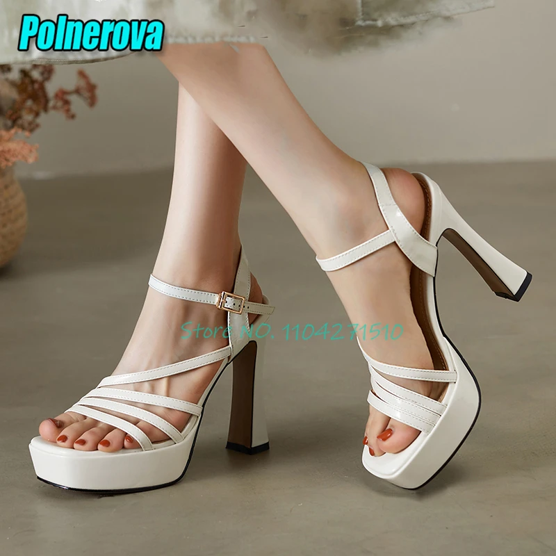 

Белые сандалии телесного цвета из лакированной кожи на толстой подошве с квадратным носком на массивной платформе 11,5 см, новые летние пикантные женские туфли на полой подошве