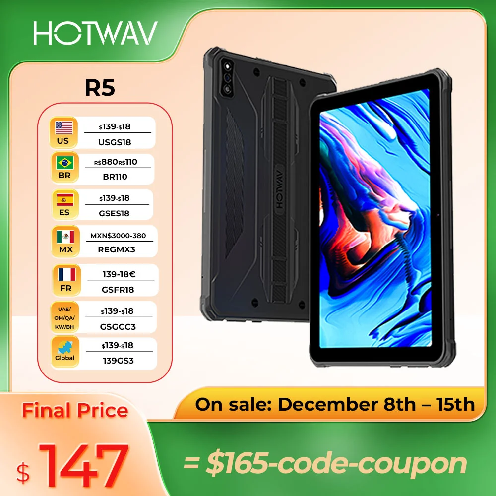 HOTWAV-R5 Rugged Tablet, Android 12, 15600mAh, 10.1 Inch HD, Mini Pad, 4GB 64GB, Octa Core, 16MP, Dual SIM, GPS, Global Version