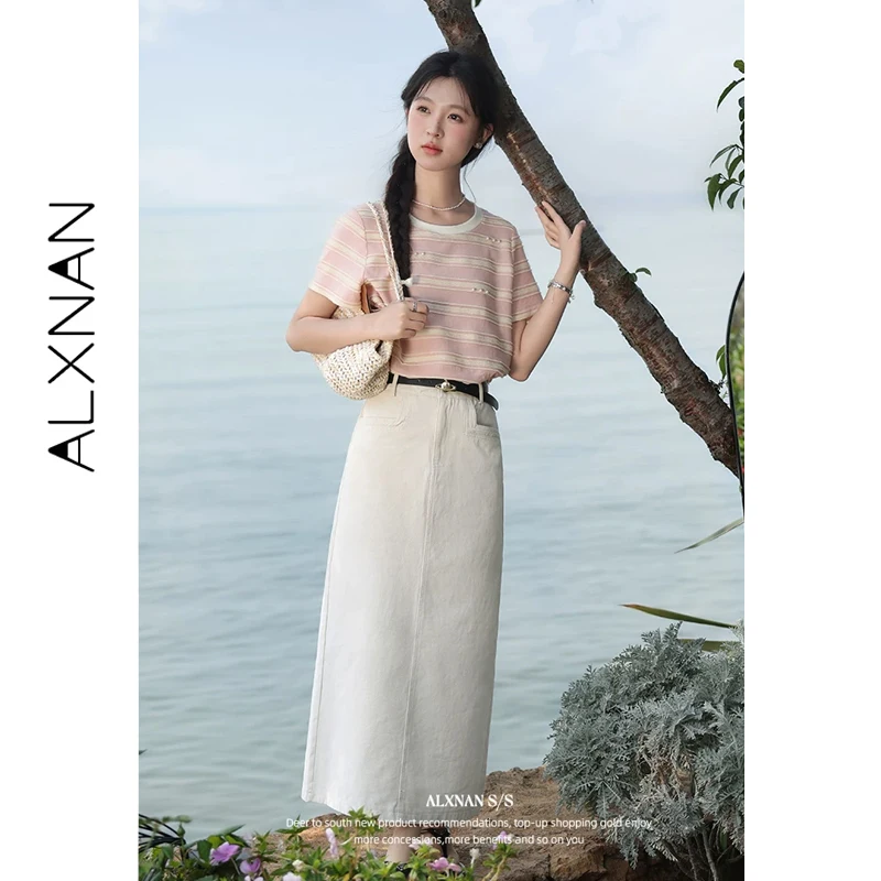 

ALXNAN Women Straight Skirt Summer Long Back Slit Midi Skirts Cotton 100% Elegant Casual Office Loose-fit Ladies Clothing L55320
