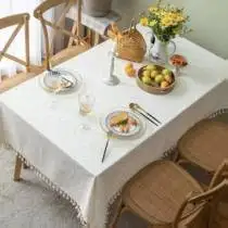 French pastoral fresh style embroidered tassel linen tablecloth, high-grade cotton-linen fabric table cover for dining table & t