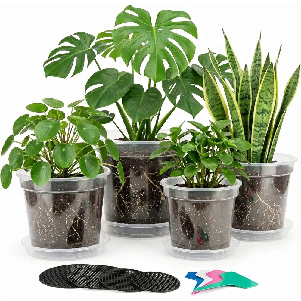 Clear Nursery Pots with Drainage, 12 Pack, 5/6/7/8 Inch Transparent Plastic Pots with Saucers, Mesh Pads & Plant Tags, Ideal for