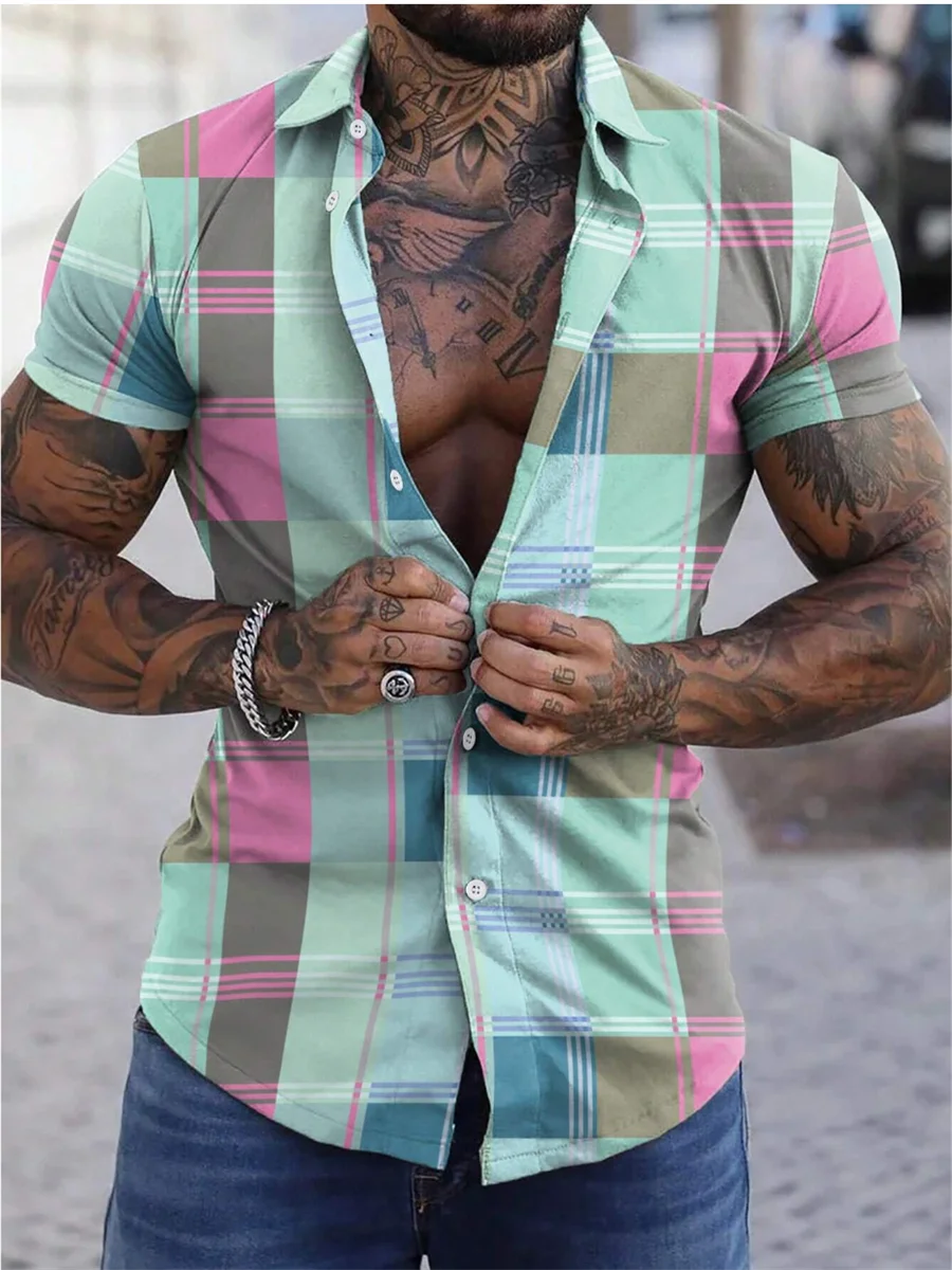 Color block plaid/plaid colorful casual men's shirt for daily wear, weekend outing, summer lapel short-sleeved 5XL fast shipping