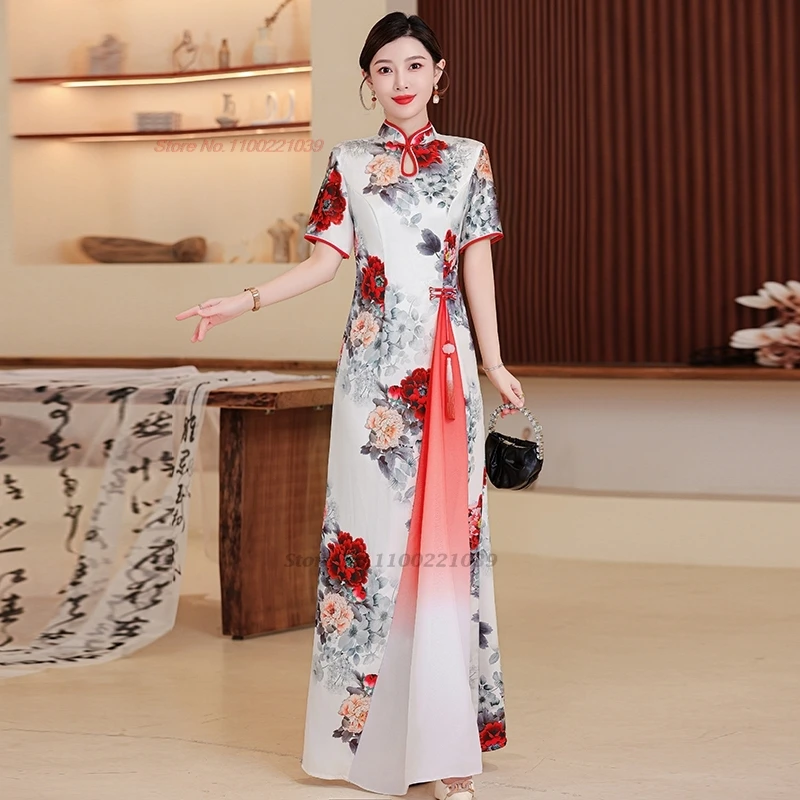 2024 chinese traditional dress improved qipao national flower print stage cheongsam a-line dress oriental banquet evening dress