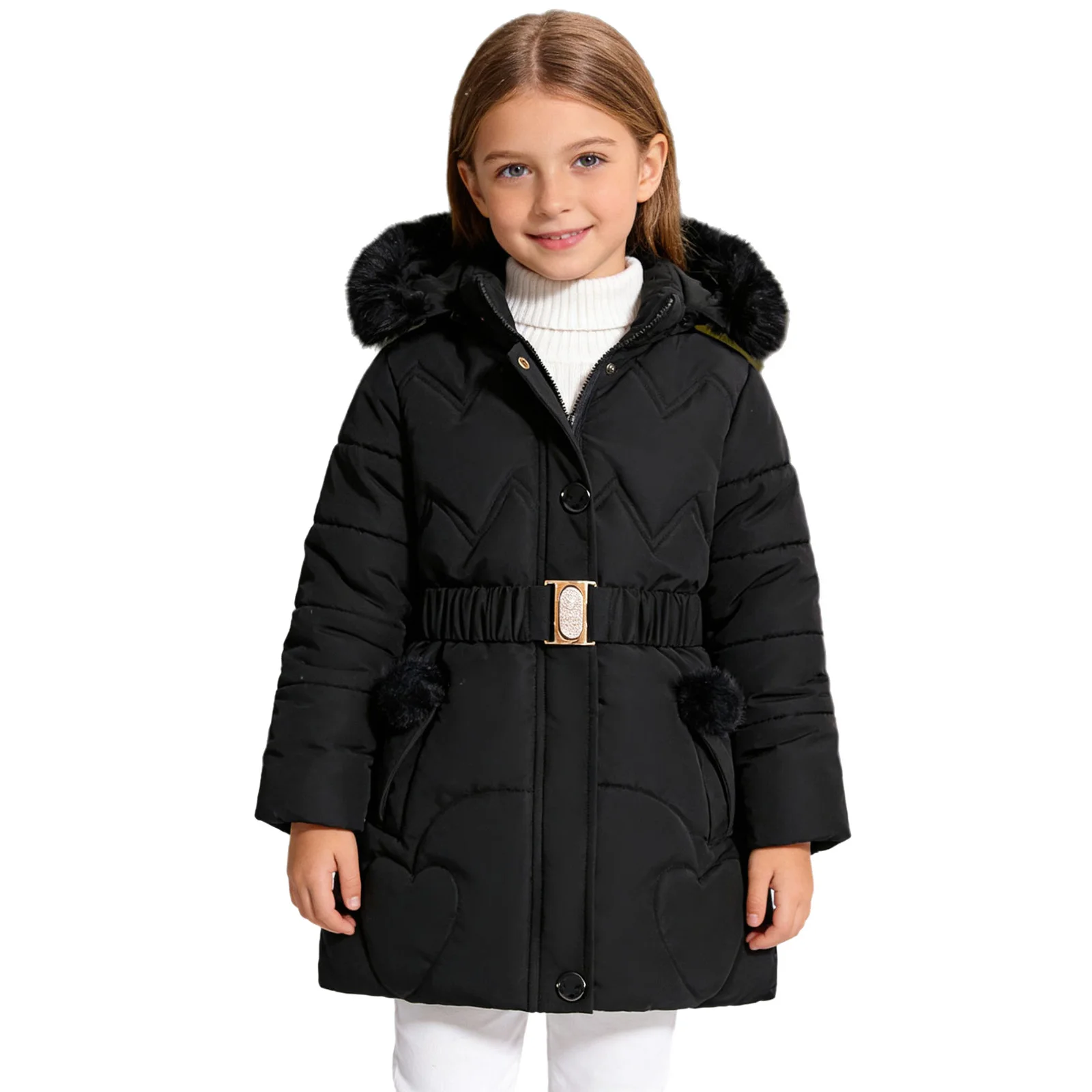 

Kids Girls Winter Warm Fleece-Lined Padded Coat Casual Clothes Stand Collar Long Sleeve Zipper Hooded Jacket Outerwear with Belt