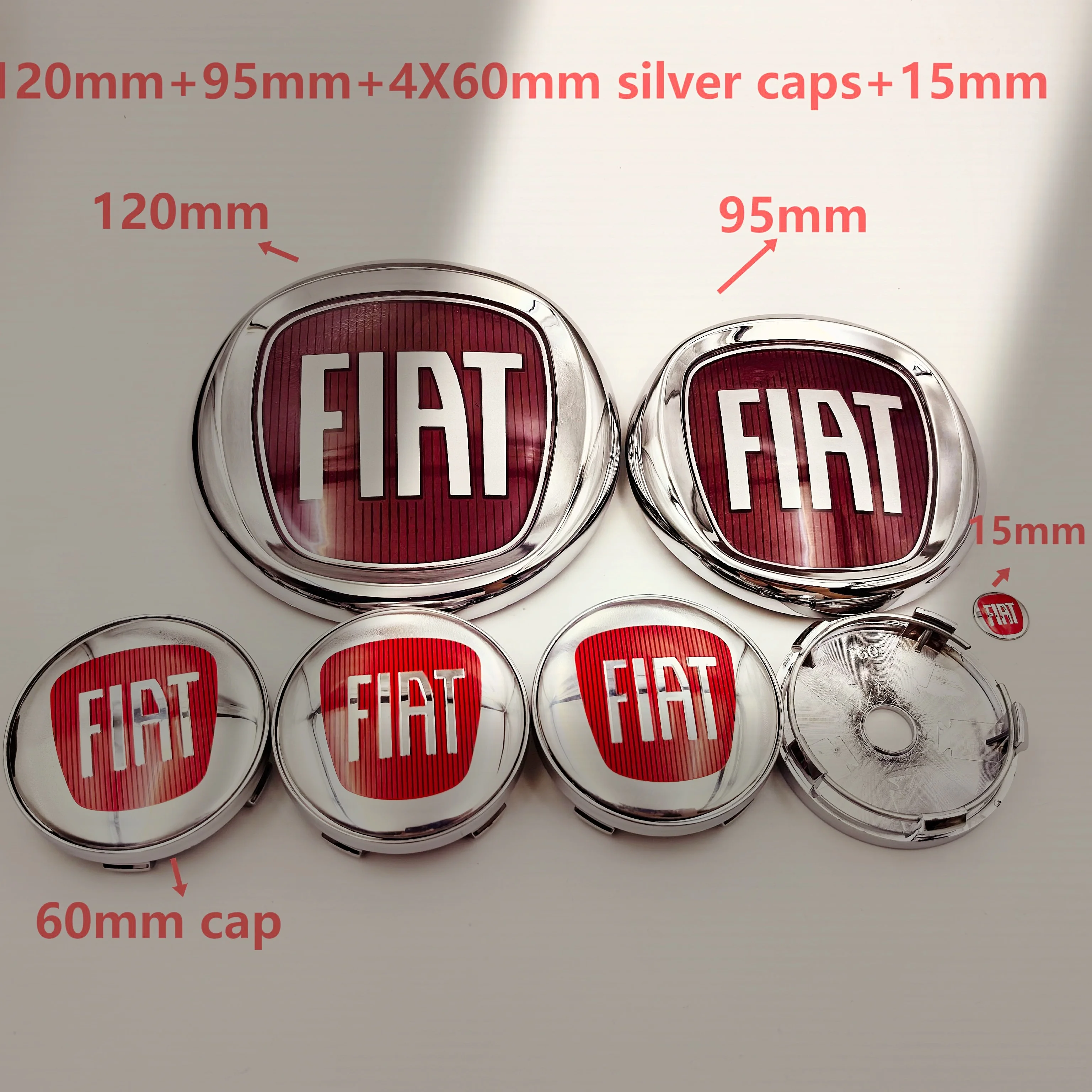 7-teiliges Logo-Set für Fiat: Motorhaube, Vorder- und Heckklappe, Emblem-Abzeichen 120/95mm Original-Logo Universell Passend Auto-Zubehör