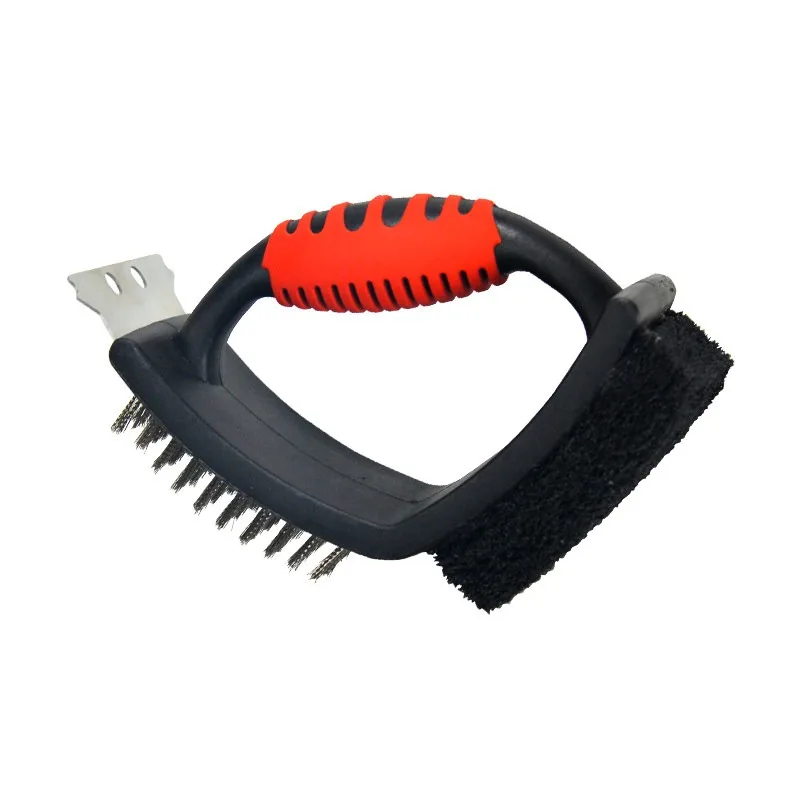 Red handle three-purpose cleaning brush barbecue grill mesh disk cleaning brush barbecue tool kitchen wire brush
