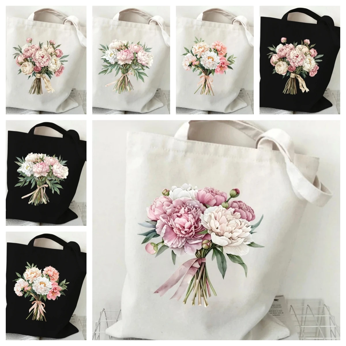 Art and Language Romantic Creative Tote Bag Bouquet Vintage Flowers and Grass Large Capacity Tote Bag Shopping Bag Tote Bag
