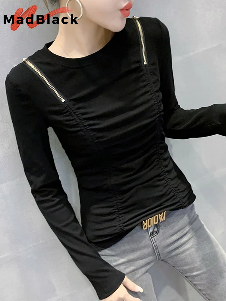 MadBlack, European Clothes T-Shirt, Women Sexy Mock Neck Zippers Tops, Long Sleeve Fashion Slim Tee, Autumn Winter New T485137QM