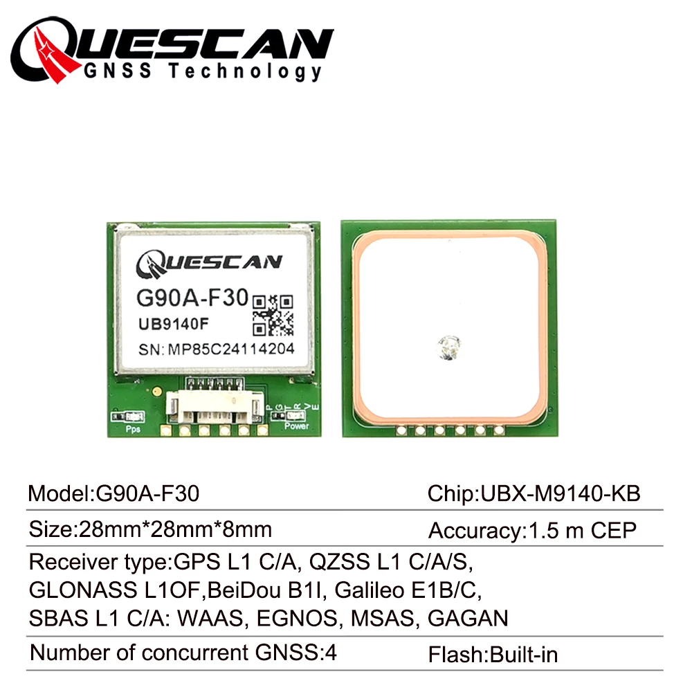 โมดูล GPS GNSS รุ่น QUESCAN G90A-F30 UBX M9 รองรับ M9140 GPS Galileo GLONASS BeiDou ตัวรับสัญญาณ โมดูลจับเวลา 1-25Hz รองรับโปรโตคอล UBX NMEA RTCM