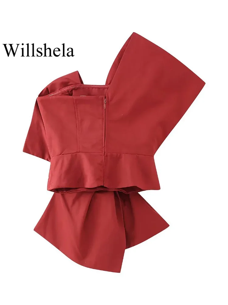 Willshela Women Fashion With Bow Solid Pleated Back Zipper Tops Vintage Asymmetrical Neck Female Chic Lady Crop Tops