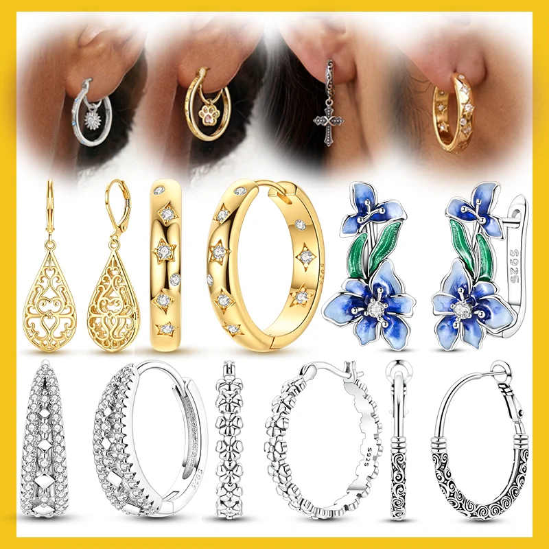 Women Earrings 925 Sterling Silver CZ Zircon Vintage Floral Palm Print Ear Studs Sparkling Earring Wedding Anniversary Gifts