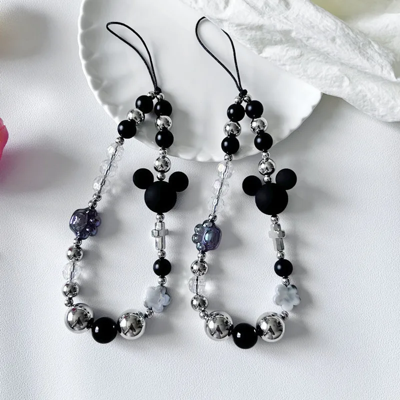 Disney Black Mickey Head  Phone Chain Charm Wrist Strap Keycord Cellphone Lanyard Girl Keychain Mobile Phone Case Hanging Chain