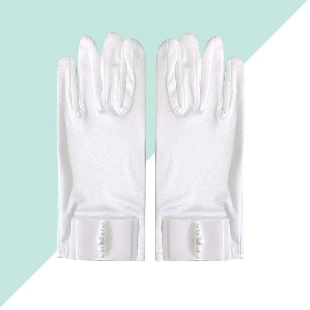 

1Pair Wedding Gloves Satin Bowknot Design Pearl Accent Elastic Comfortable for Bridal Party Women Satin Gloves
