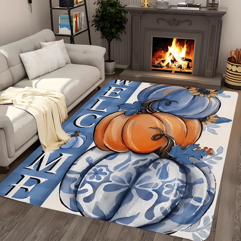 Autumn Pumpkin Flannel Rug Blue Orange Gourd Print Floor Mat Soft Non-slip Area Carpet with Sunflowers for Living Room Bedroom