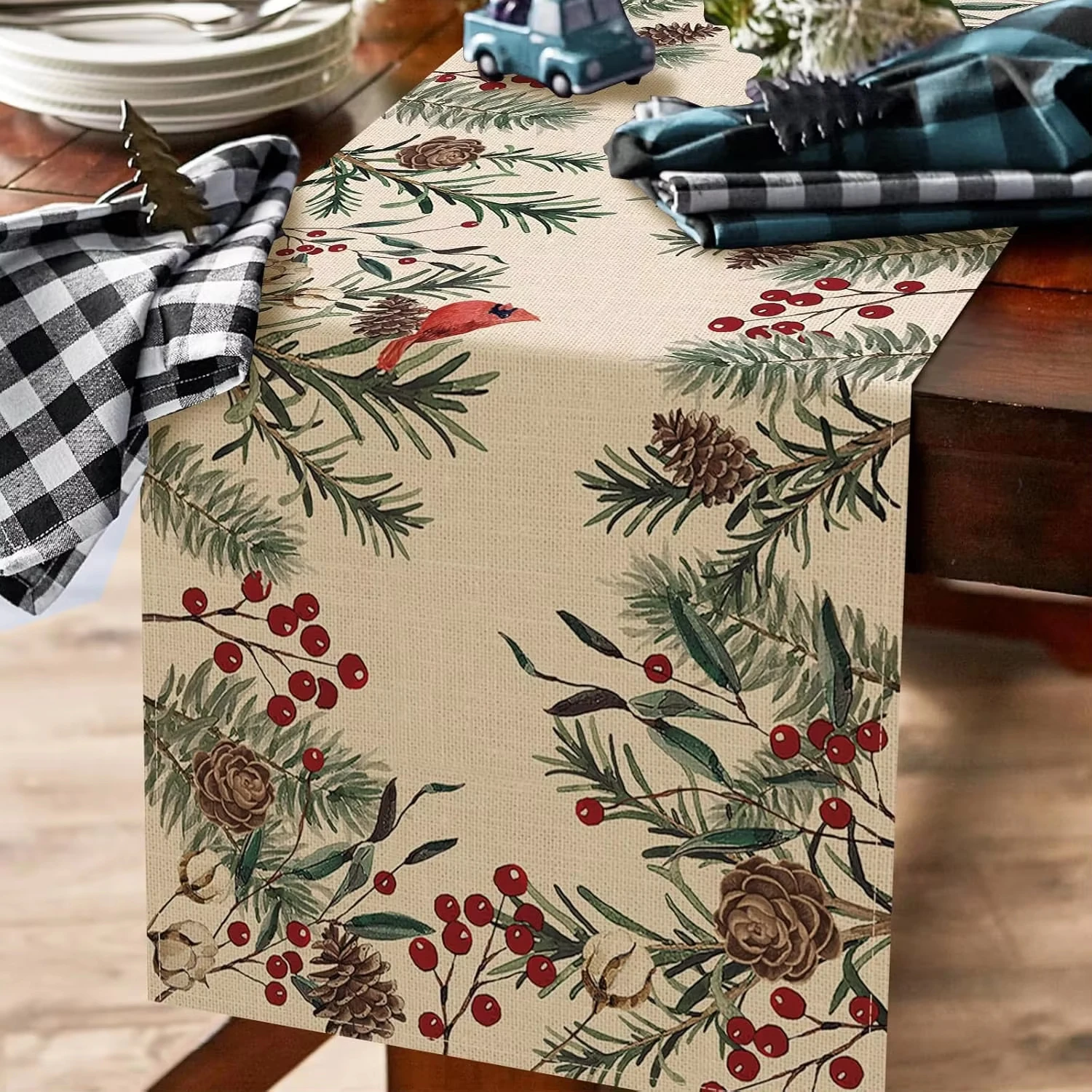 Christmas Pine Needle Branches Linen Table Runner Winter Cardinal Red Birds Farmhouse Kitchen Table Runner Christmas Decorations