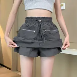 High Waist Drawstring Summer Women Short A Line Skirt Vintage Casual Cargo Big Zipper Pocket Skirt with Safety Shorts Hip Skirts