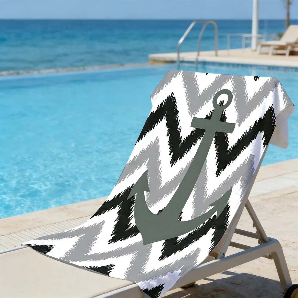 Nautical Anchor Beach Towel – Oversized Quick Dry Sand Free with Chevron Stripe Print