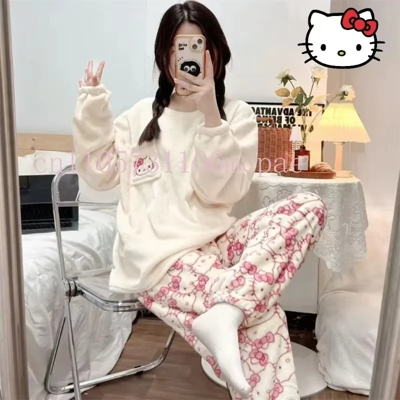 

New Sanrio Kuromi Pajama Sets Women Winter Warm Plush Cute Sleepwear Print Pajama Cartoon Home Clothes Valentine'S Day Gift Soft