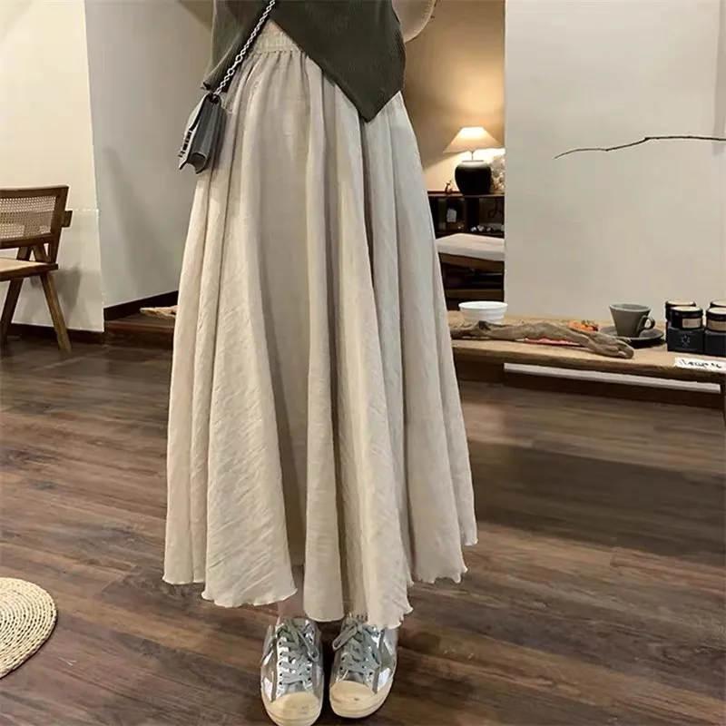 Boho Beach Long Maxi Skirt Women Vintage Summer Linen Cotton Pleated Elastic Waist Flowy Split Casual Skirts Faldas Saia Femme