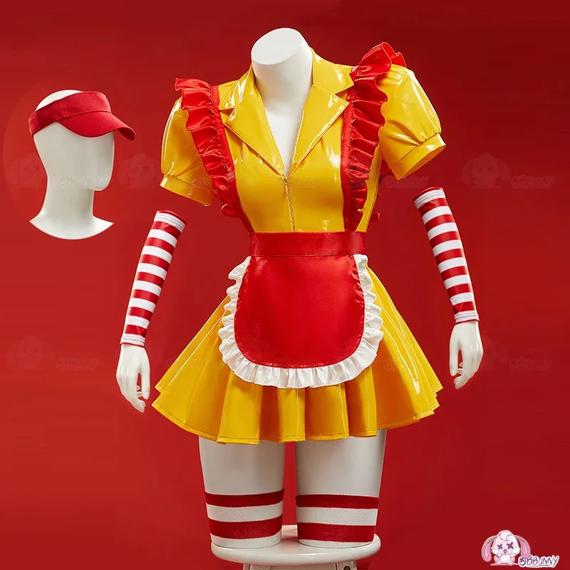Delantal de camarera de PU para mujer, uniformes sexys originales, ropa de Donald, traje Sexy amarillo para fiesta de Halloween, novedad de 2026