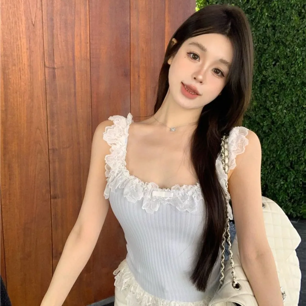 Summer Bow Lace Knitted Sling Fashion Slim Spice Girl Short Top Cool Casual Vest Women