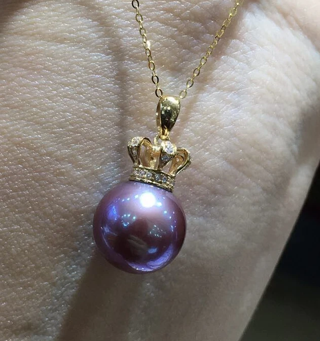 

Huge 14-15mm South Sea Purple Pearl Round Crown Bright Pendant Necklace for Men And Women Wear 18K