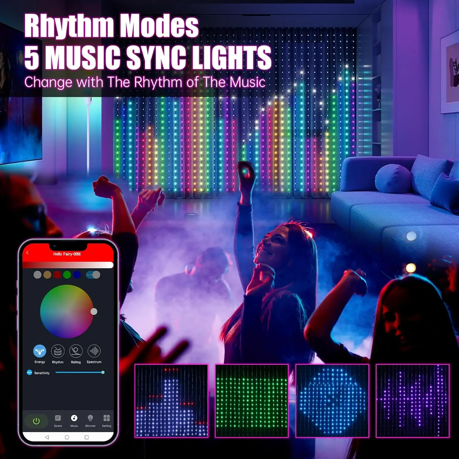 400LEDs Smart Curtain Lights Bluetooth App Control DIY LED String RGB Fairy Lights Music Change Display for Window Bedroom Decor