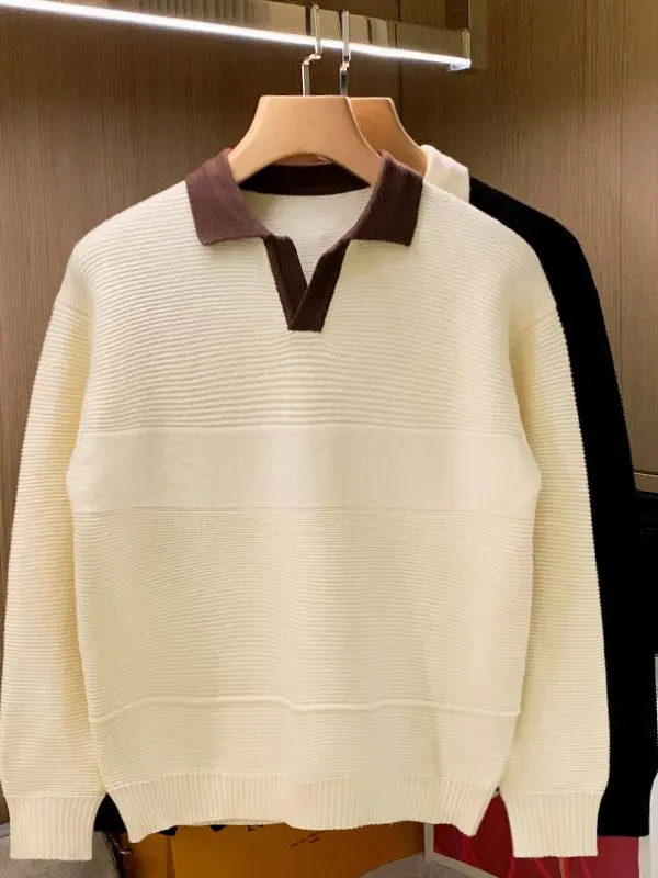 

Мужской вязаный свитер на осень-зиму, с длинным рукавом, повседневный, модный, фактурный, с цветовыми блоками, облегающий, из полиэстера