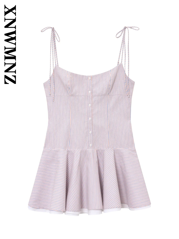 

XNWMNZ 2025 Summer Woman's Fashion thin shoulder strap Shoulder Backless mini Pleated dress boho Holiday Lady Sleeveless Dresses