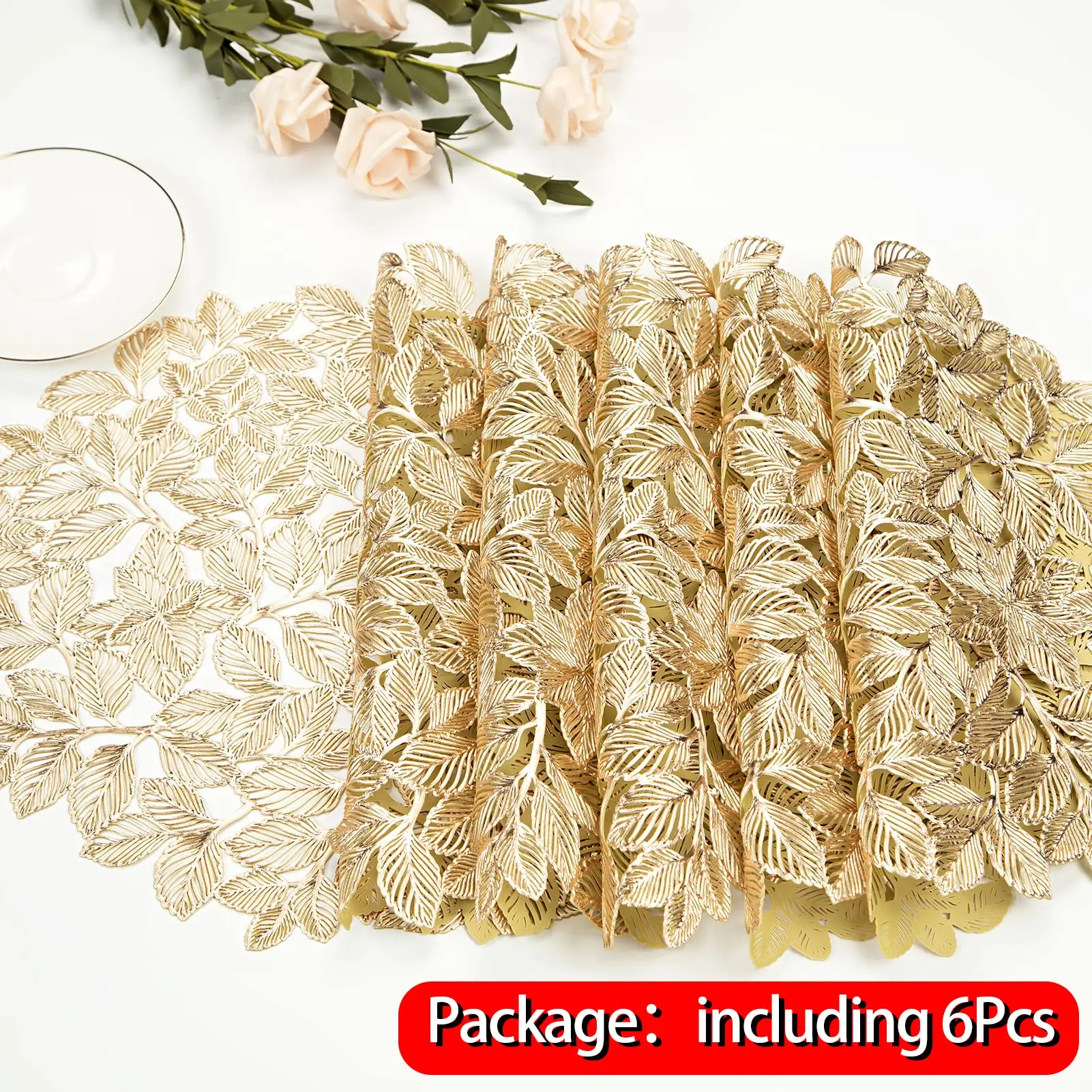 15inch Placemats Set of 6 Gold Leaf Round Placemats Non-Slip Wipeable Table Mats for Dinner,Party,Wedding Accent Centerpiece