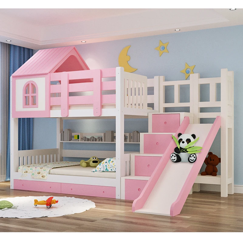 

L7 Full Solid Wood High and Low Bed Upper and Lower Bunk Children's Bed Mother Bed Girl Castle Cabin with Slide Princess