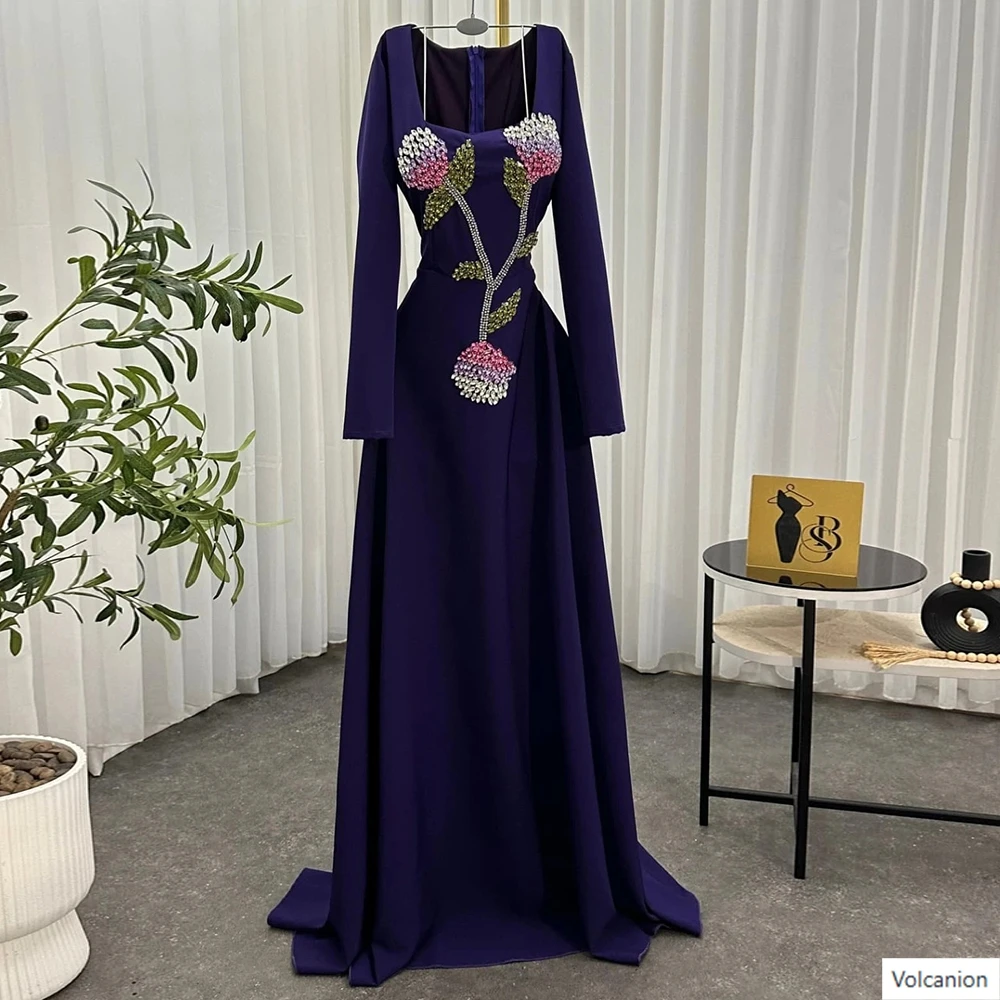 

Customized A-line Evening Dresses Floor-length Square Collar Full Sleeve Prom Gown Fashion Crystal Simple Draped Party Gown