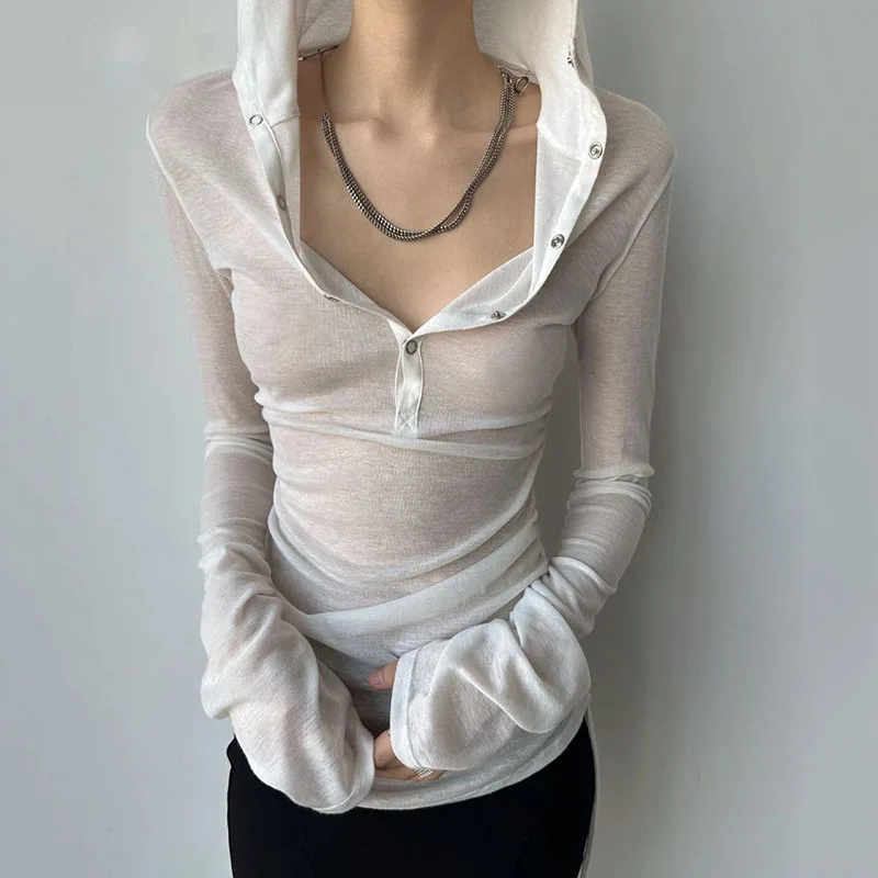 Summer Thin Women's Long Sleeve Top Streetwear Y2k Sexy See Through Hooded T-shirts Drawstring Slim Sun Protection White Tees