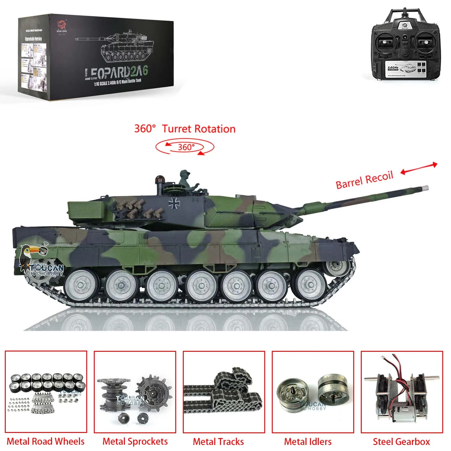 Henglong 1/16 Leopard2A6 3889 RC Tank Version 7.0 avec pistes en caoutchouc métallique système de combat de recul de baril modèle TH17593