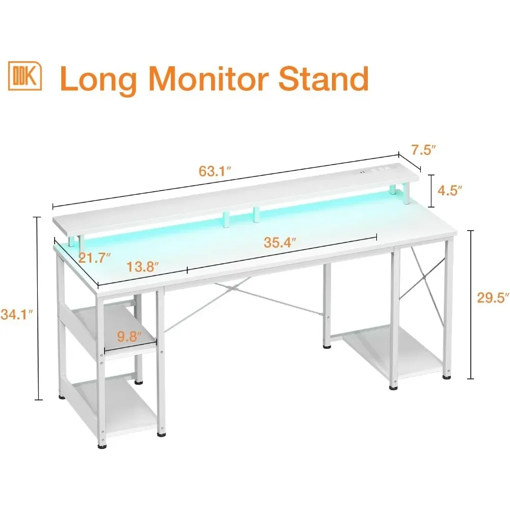 63 inch Computer Desk with Power Outlets & LED Lights, Gaming Desk with Monitor Stand & Storage Sheves, Home Office Desk