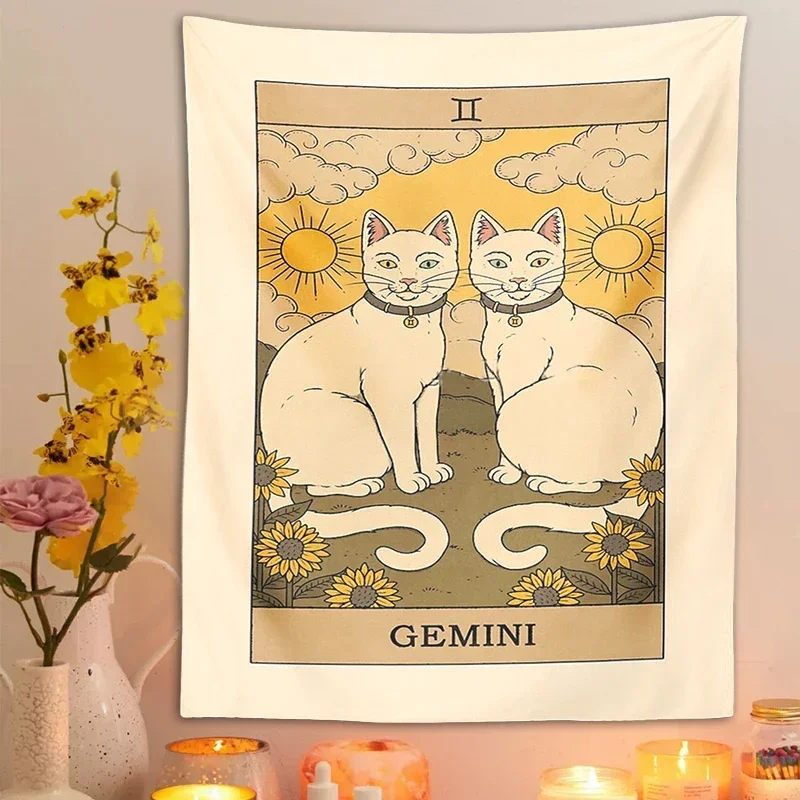 12 Constellation Cat Tapestry, Vintage Tarot Horoscope Divination Wall Hanging, Sun Moon Cat Rug for Room Decor & Gift Idea