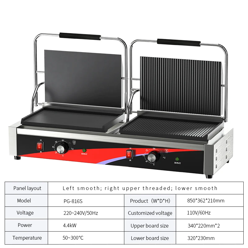 OEM Extended Sandwich Electric Half Power Half Thread Smooth Surface Panini Gusseisen Long Snack Equipment