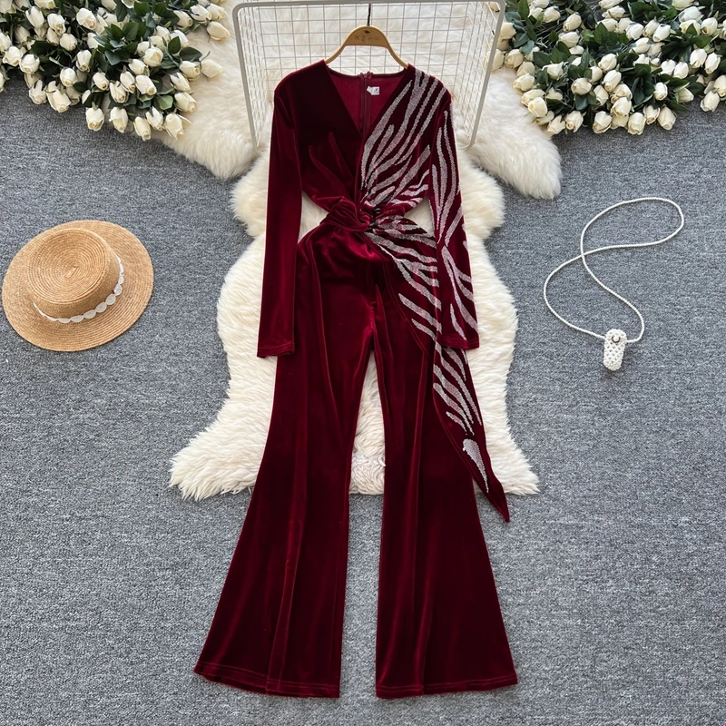 Niche Light Luxury Heavy industry Hot Stamping Splicing Long Sleeved V-neck Fashion Gold Velvet Jumpsuit Women's High-end Dress