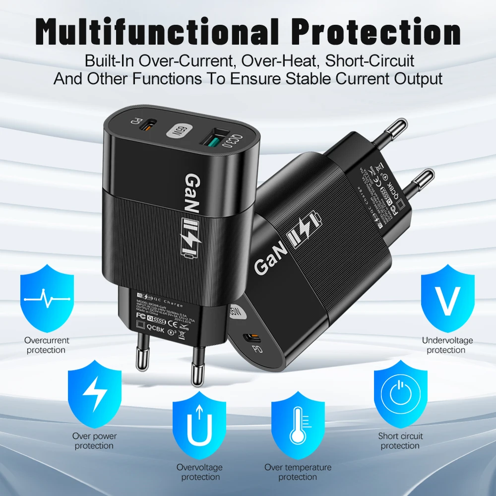 65W GaN USB Charger Fast Charging Charger QC3.0 For iPhone 14 13 12 Oneplus Xiaomi Samsung PD Type C Mobile Phone Quick Charger