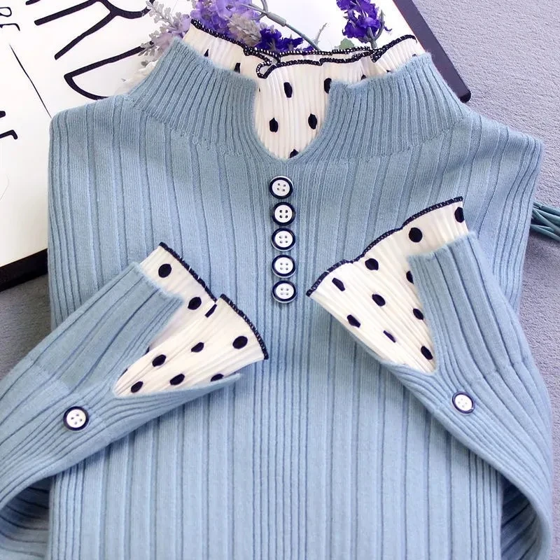 Suéter con cuello de tortuga para mujer, Jersey de manga larga con costuras de encaje, Tops femeninos, novedad de Otoño Invierno 2025
