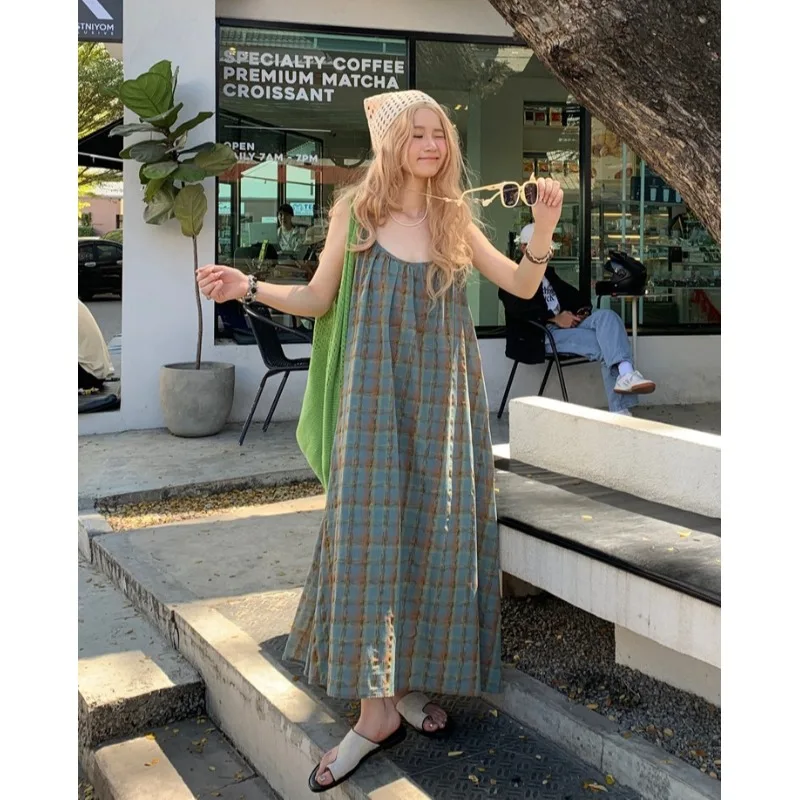 

plus Size Women's Summer Slimming Loose Midi Dress Gentle Plaid Sleeveless Strapless Dress Korean Style Commute Wind Bright T...