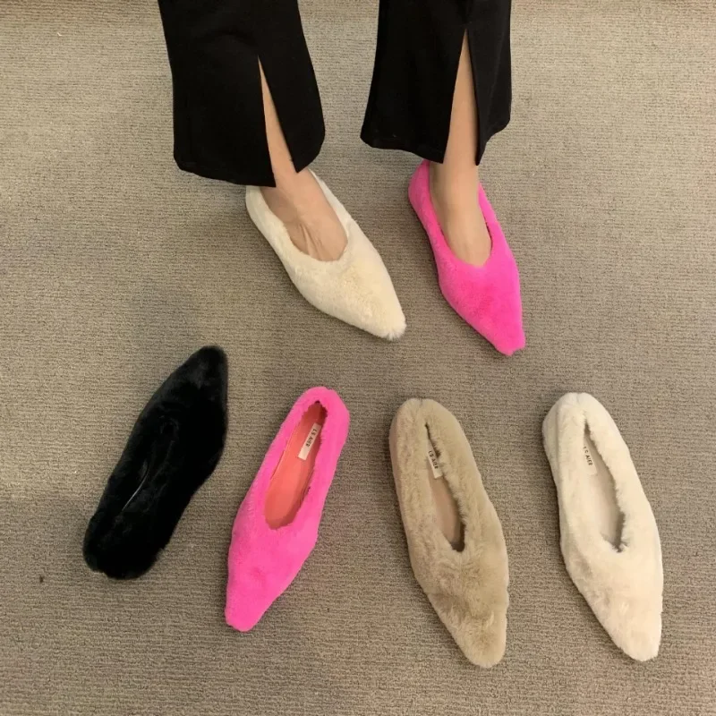 Pointed Toe Fur Ballet Flat Woman Shoes Winter Warm Plush Shallow Loafer Ladies Concise Furry Heeled Dress Shoes Zapatos Mujer