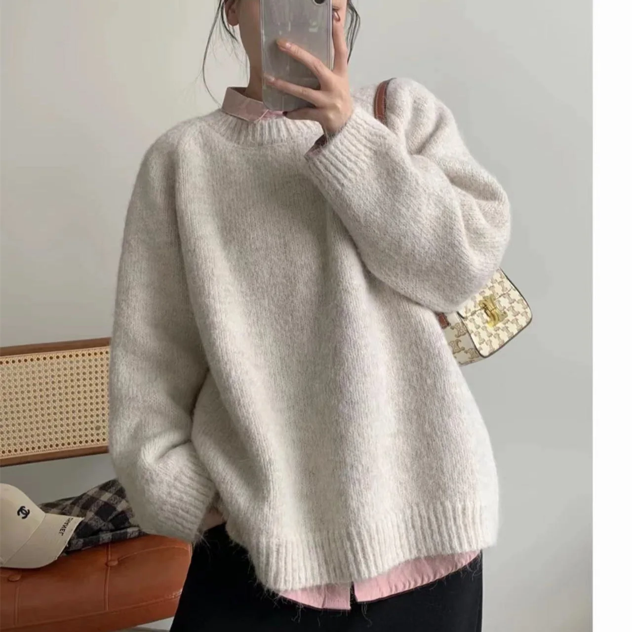 2024 Lazy Wind Oversized Pullover Sweter Odzież Damska Jesień i Zima Nowy Luźny Miękki Woskowy Solidny Gruby Sweter Casualowy