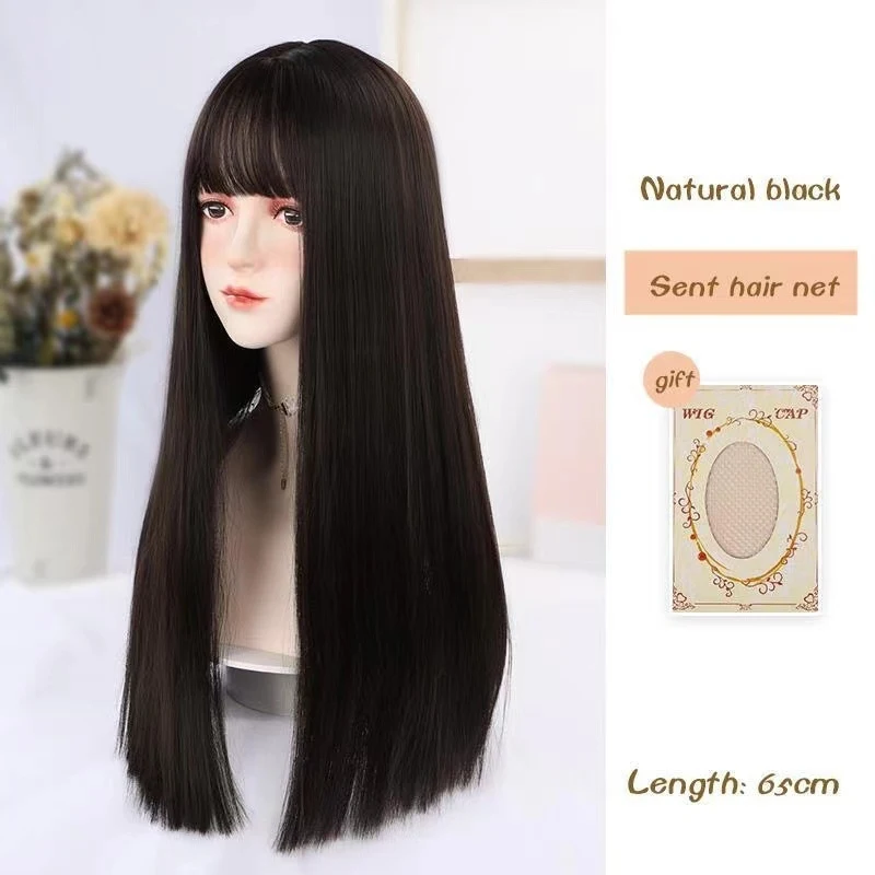 Women's with bangs, long straight hair, pink synthetic fiber, sweet style wig - view 2