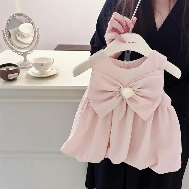 Summer New Girls Solid Color Screw Thread Crew Neck Rose Bow Zipper Pullovers Sleeveless Fashion Sweet Slim Layered Dresses